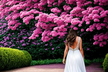 A young brunette girl wearing long dress stay in a beautiful park, and looking downhill over field of flowers. Back view. Green valley high on the mountains