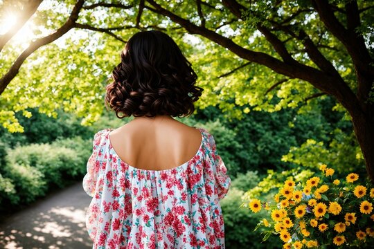 A young brunette girl wearing long dress stay in a beautiful park, and looking downhill over field of flowers. Back view. Green valley high on the mountains