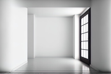 on the inside. White wall that is empty and light hardwood floor. minimal style. Background of an empty interior. Generative AI