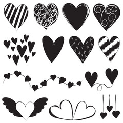 set of doodle hearts silhouette design vector isolated
