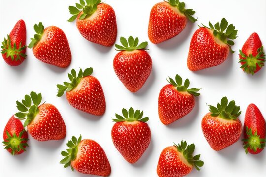  a group of strawberries arranged in a pattern on a white background with green leaves on top of them and a single strawberry on the bottom of the image is surrounded by smaller strawberries.