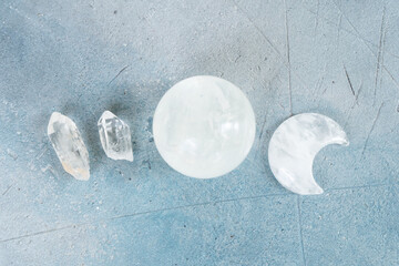 Gemstones minerals stones, moon and and quartz obelisks Witchcraft, herbal medicine and healing,...