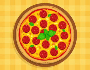 Appetizing pepperoni pizza vector illustration. Italian pizza on a dish on a yellow checkered tablecloth.