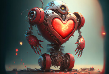 A sci-fi robot with a large red heart on its chest. Illustration created with Generative AI.