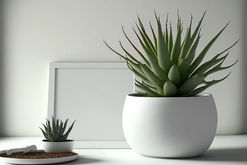 A white table with a pot of aloe vera. in front. Text area, copy space, and mockup. Generative AI