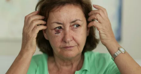 Fotobehang Older woman with bruised face adjusting hair © Marco