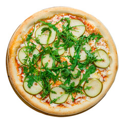 Pizza with pears,aragula and Gorgonzola cheese top view isolated on white background