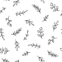 Leaves doodle vector seamless pattern with leaf and branch seasonal botany black and white
