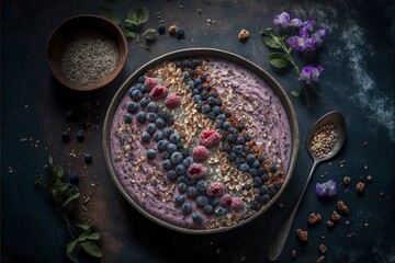  a bowl of cereal with blueberries and raspberries on top of it next to a spoon and a bowl of cereal and a flower on a table with a spoon and a blue background.