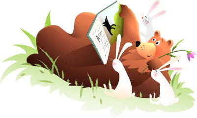 Cute bear reading fairytale book to rabbits in the forest lawn. Children clip art illustration with animals reading a book. Study and Education kids cartoon. Vector illustration in watercolor style.