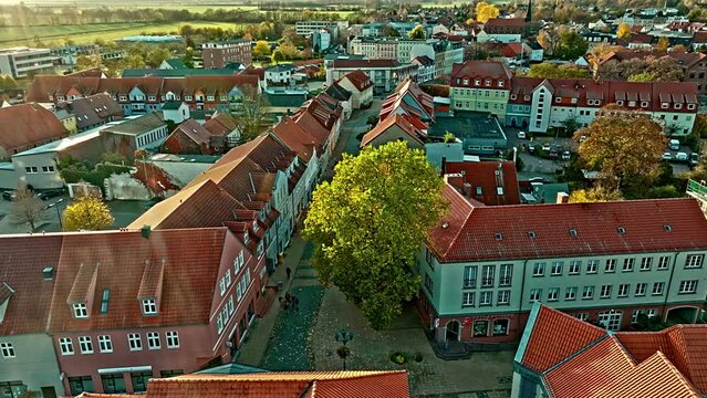 Flying above houses and the Main Street of the town. Oschersleben is a town in the Börde district, in Saxony-Anhalt, Germany.