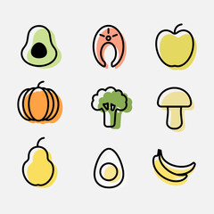 Food line icons, vegetables and fruits