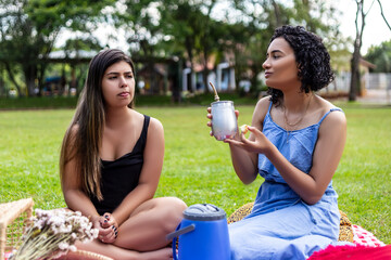 Two female friends having a picnic in the park