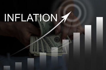word inflation against background of graph chart of rising inflation rates. Inflation, tax, cash...