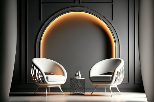 cozily furnished living room or lobby. Armchairs with a very intense gamma glow. Mockup with modern furniture and a blank white wall backdrop. posh interior design environment. Generative AI