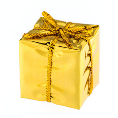 Gift box of gold color isolated on white background