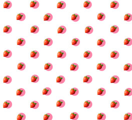 Summer background, poka dots pattern with fresh red strawberries pattern overhead view, flat lay isolated on white background.