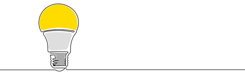 Turned on Lightbulb. Yellow continuous one line drawing of electric light bulb. Concept of idea emergence. Vector illustration