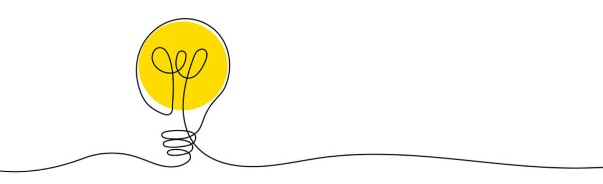 Turned on Lightbulb. Yellow continuous one line drawing of electric light bulb. Concept of idea emergence. Vector illustration