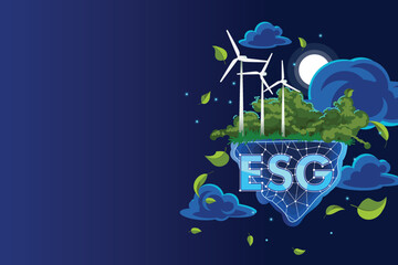 ESG illustration with copy space. Environmental Social Governance illustration. Fantastic landscape with wind turbines and flying leaves.