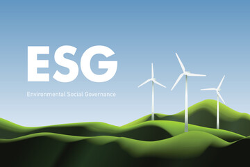 Landscape with wind turbines. Environmental Social Governance illustration. Sustainable growth, solving environmental, social, and corporate management. - obrazy, fototapety, plakaty