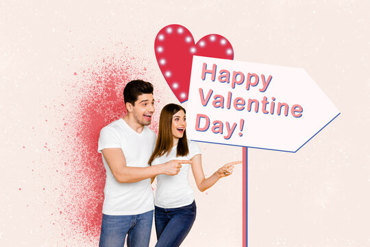 Photo collage cartoon comics sketch picture of happy excited couple pointing 14 february park billboard isolated drawing background