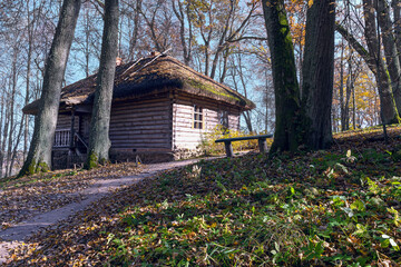 old wooden house made of round logs and with an earthen roof in the forest in the Pushkin...