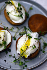 Poached eggs with microgreens on a crispy bun on a plate.