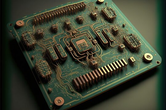  A Computer Board With Many Components On It And A Few Wires Attached To It, All Connected Together, With A Green Background With Gold Trim Around The Edges And Gold Edges, And A.