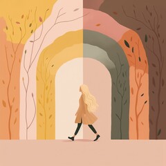 minimalist design woman with long blonde wavy hair from behind with no face walking down a road with a large muted boho rainbow AI assisted finalized in Photoshop by me  © SHArtistry
