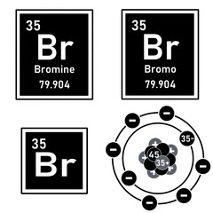 Icon of the element bromine of the periodic table with representation of its atom - obrazy, fototapety, plakaty