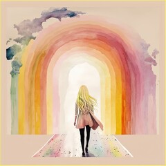 minimalist design woman with long blonde wavy hair from behind with no face walking down a road with a large muted boho rainbow AI assisted finalized in Photoshop by me 