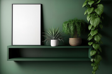 Mockup of a green wall inside with a shelf and a green plant. Generative AI