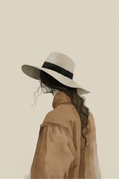 Woman Profile View Wearing Hat, Minimalist, Two Toned Boho, Drawing, Earth Tones, AI Assisted Finalized In Photoshop By Me 