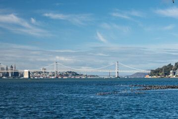 San Francisco bay bridge and golden gate bridge with birds on sandbar