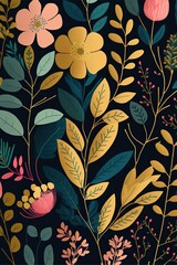 wild florals blue pink green yellow golden minimalist boho pattern background AI assisted finalized in Photoshop by me  