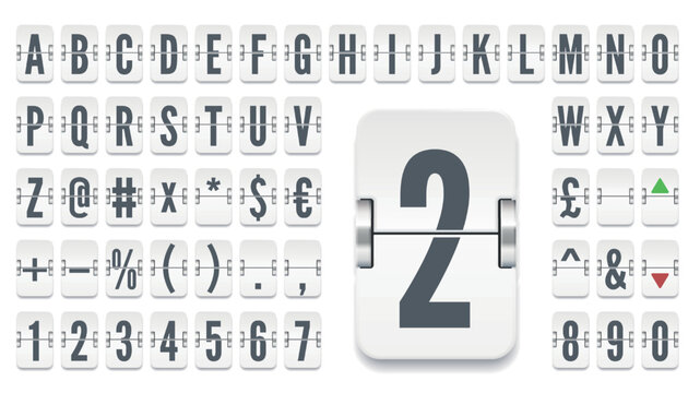 Airport terminal mechanical scoreboard alphabet with numbers for showing stock exchange rates information. White flip board font to display finance info or message vector illustration.