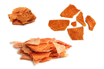 Group of tasty beer snacks. Dehydrated chicken meat slices.