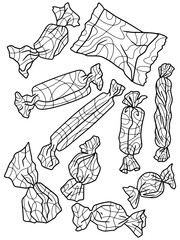 Candy set. Antistress for children and adults. Illustration on white background. Zen-tangle style.