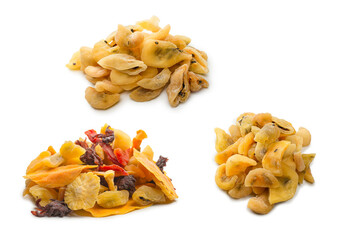 Mix of dried exotic fruit, mangos,slices of pineapples, passion fruit, papaya.