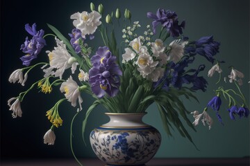  a vase filled with lots of purple and white flowers on a table next to a wall and a blue wall behind it with a green ribbon on the bottom of the vase is a blue. - obrazy, fototapety, plakaty