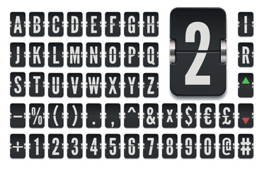 Narrow black flip board font with numbers for showing stock exchange rates information. Airport terminal mechanical scoreboard alphabet to display financial markets vector illustration.