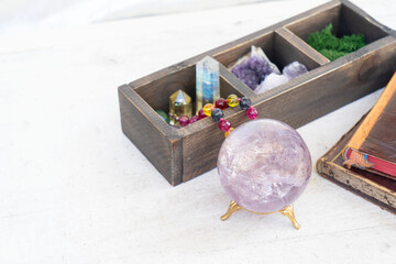 Gemstones set for relax and meditation. Magic ball made of Amestist stone and minerals for Reiki...