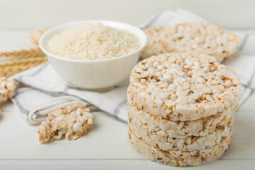 Stack of crispy rice cakes on white texture wood. Diet bread. Diet. proper nutrition. GLUTEN FREE. Copy space. Place for text.