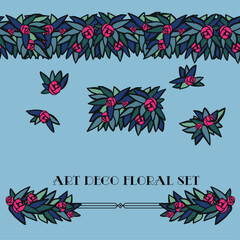 vector set of pink roses end blue leaves, seamless floral border in art deco vintage style , bunches of pink flower