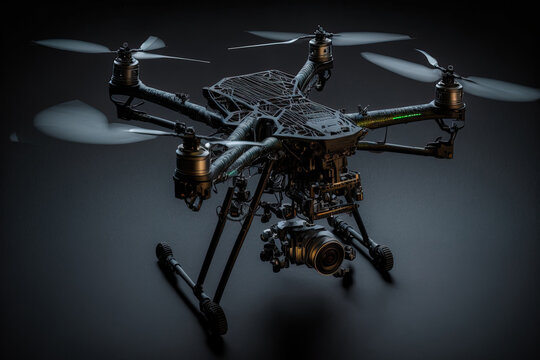 of drone use in conjunction with termography and photogrammetry. drone payload model for digital reconstruction with a dark backdrop. Generative AI
