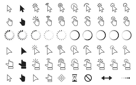 Computer mouse click cursor arrow icons set and loading icons. Cursor icon. Vector illustration. Mouse click cursor icons set. Loading icon. Vinnitsa, Ukraine - January 09, 2023