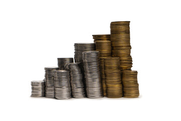 Pile of coins isolated on a white background.