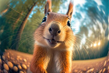  a squirrel is smiling and standing in front of a mirror with its mouth open and eyes wide open, with trees in the background, and a blue sky with white clouds and blue sky. Generative AI - obrazy, fototapety, plakaty