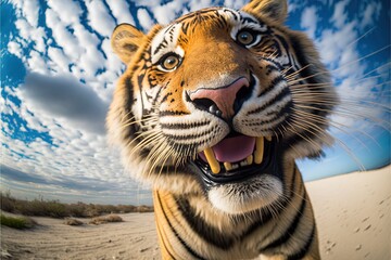  a tiger is standing in the sand with its mouth open and it's mouth wide open and it's mouth wide open, with its mouth wide open, with a blue sky in the background. - obrazy, fototapety, plakaty